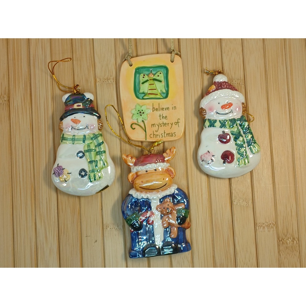 Vintage Ceramic Christmas Ornament Set Snowman Moose Angel Plaque 4 Piece